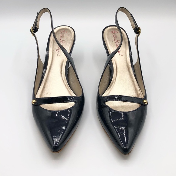 Lily Pulitzer Navy Patent Leather Pointed Toe Sling Back Kitten Heel Size 6.5 - Picture 3 of 8